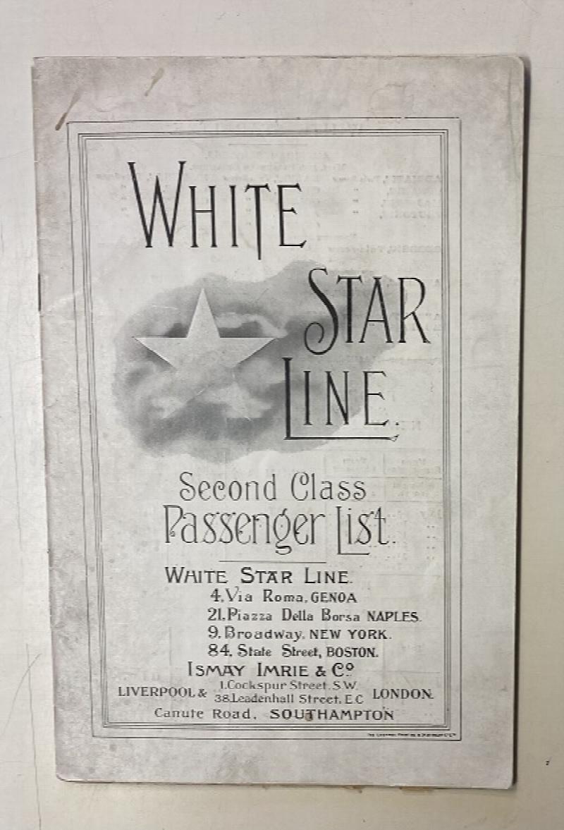 White Star Line Second Class Passenger List per U.S. and Royal Mail S.S.  Adriatic from New York to Plymouth, Cherbourg and Southampton. Wednesday, 